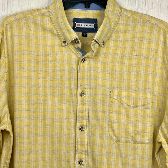32 Bar Blues Linen Blend shirt mens XL long sleeve button down yellow/gray plaid - Picture 2 of 6